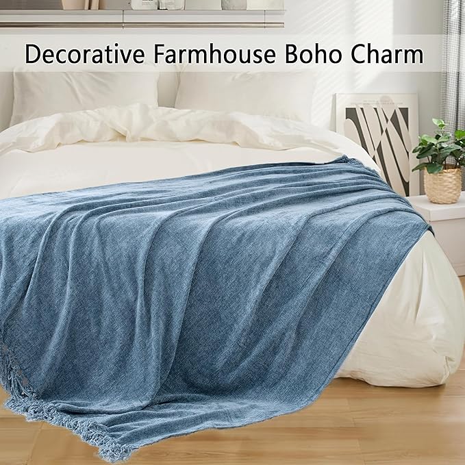 Chenille Throw Blanket for Couch 60"X 80" Twin, Soft Cozy Throws with Fringe Tassel for Bed Sofa Chair Cover, Lightweight Knitted Decorative Boho Blankets for Living Room, Dusty Blue