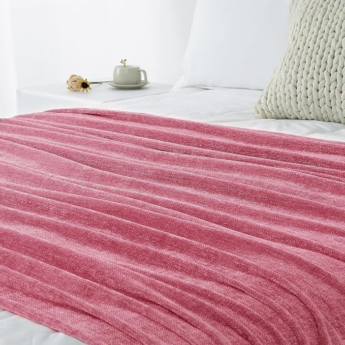 Chenille Throw Blanket for Couch 50"X 60", Soft Cozy Throws with Fringe Tassel for Bed Sofa Chair Cover, Lightweight Knitted Decorative Boho Blankets for Living Room, Rose Pink
