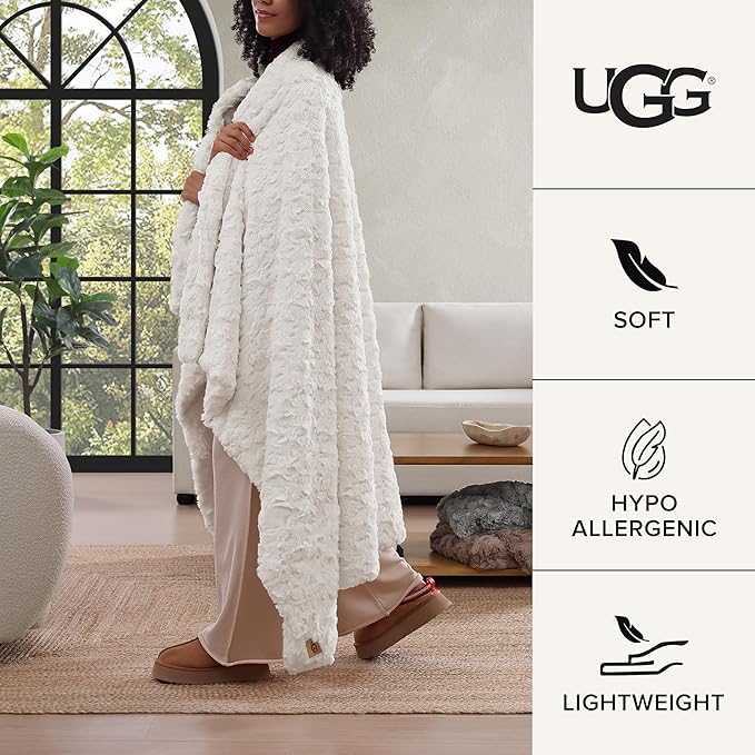 UGG Adalee Faux Fur Throw Blanket Luxury Lightweight Cozy Soft Throw for Couch Bed or Chair Hypoallergenic Machine Washable Double-Sided Fluffy Blanket Home Decor, 50-inch x 70-inch, Natural White