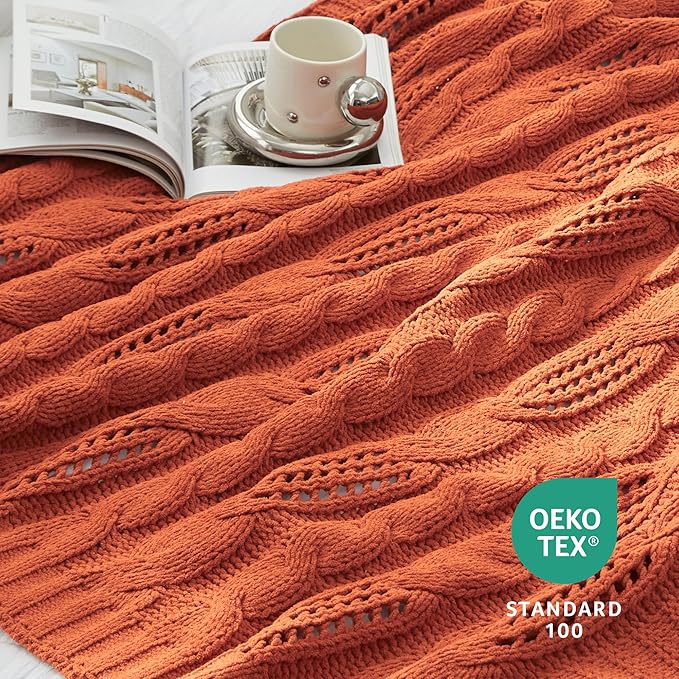 Amélie Home Chunky Knit Chenille Throw Blanket, Breathable Cable Knitted Blanket for Couch, Farmhouse Decorative Throw for Sofa Chair Bed, 60"x80", Burnt Orange