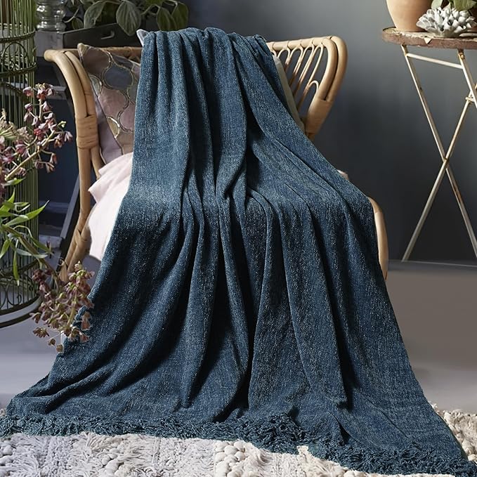 Chenille Throw Blanket for Couch 60"X 80" Twin, Soft Cozy Throws with Fringe Tassel for Bed Sofa Chair Cover, Lightweight Knitted Decorative Boho Blankets for Living Room, Navy Blue