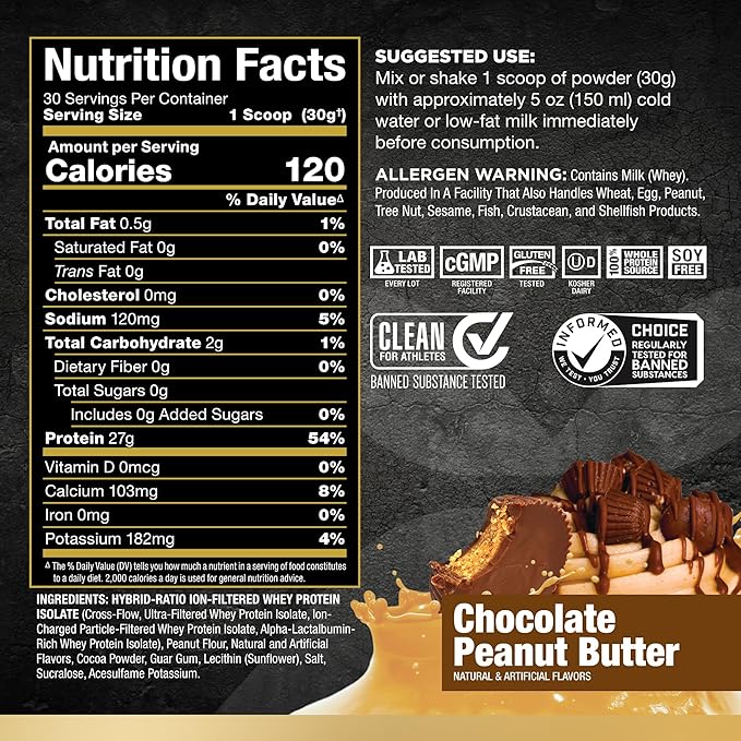 ALLMAX Nutrition ISOFLEX Whey Protein Isolate, Chocolate Peanut Butter - 2 lb - 27 Grams of Protein Per Scoop - Zero Fat & Sugar - 99% Lactose Free - Gluten Free & Soy Free - Approximate 30 Servings