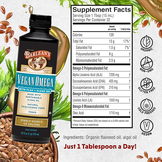 Barlean's Vegan Omega Liquid Flax and Algae Oil Plant Based EPA DHA Supplement from Algal Oil and Organic Flaxseed, Omegas 3 6 and 9 Fatty Acid Supplements, 16 Ounces
