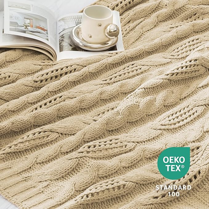 Amélie Home Chunky Knit Chenille Throw Blanket, Breathable Cable Knitted Blanket for Couch, Farmhouse Decorative Throw for Sofa Chair Bed, 60"x80", Beige
