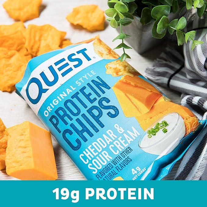 Quest Nutrition Cheddar & Sour Cream Protein Chips, 19g Protein, 4g Net Carbs, Low Carb, Gluten Free, 1.1 oz (Pack of 12)