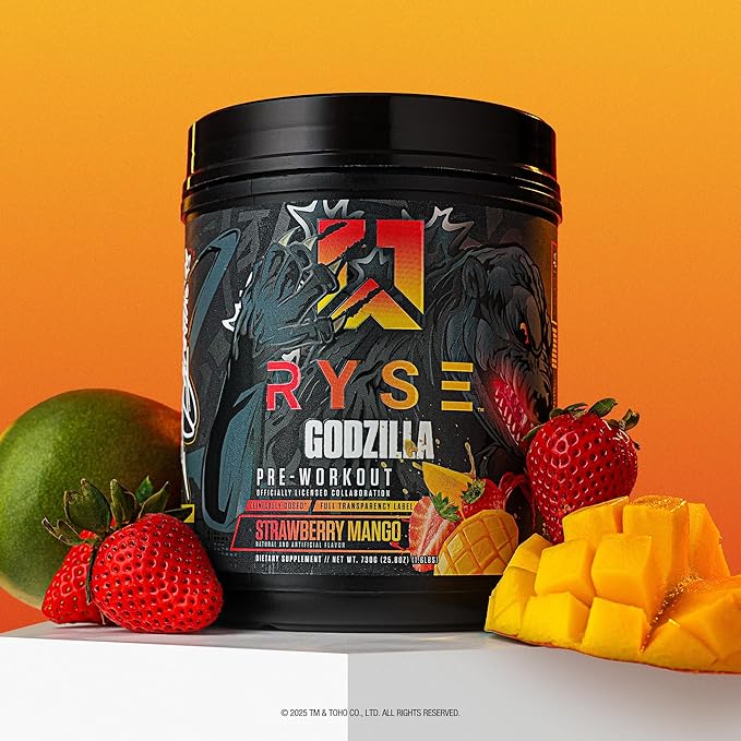 RYSE Godzilla X Noel Deyzel Pre Workout Powder - Strawberry Mango - 400mg Caffeine, High Stim Pre-Workout for Men & Women with Citrulline & Beta Alanine - Energy, Pump & Focus - 20/40 Servings