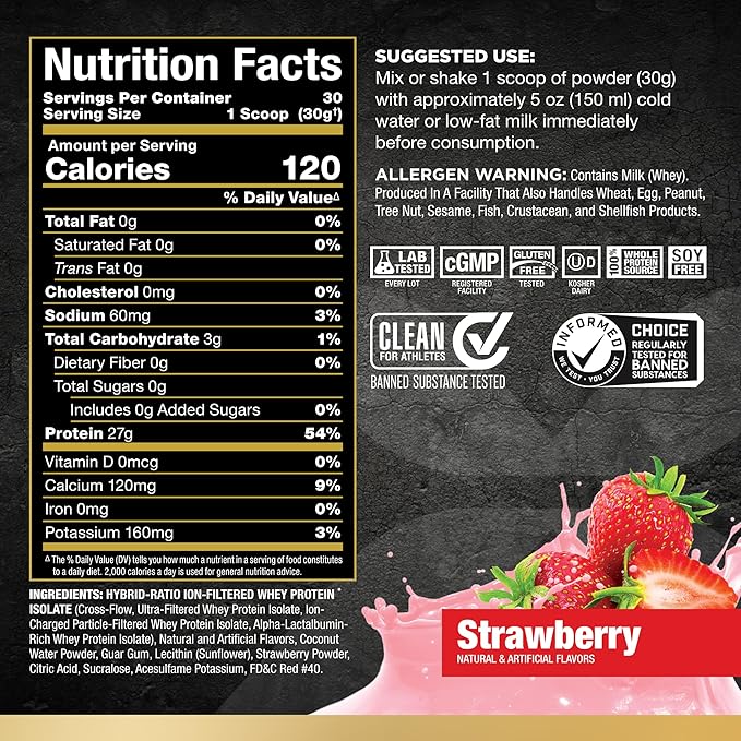 ALLMAX Nutrition ISOFLEX Whey Protein Isolate, Strawberry - 2 lb - 27 Grams of Protein Per Scoop - Zero Fat & Sugar - 99% Lactose Free - Gluten Free & Soy Free - Approximate 30 Servings