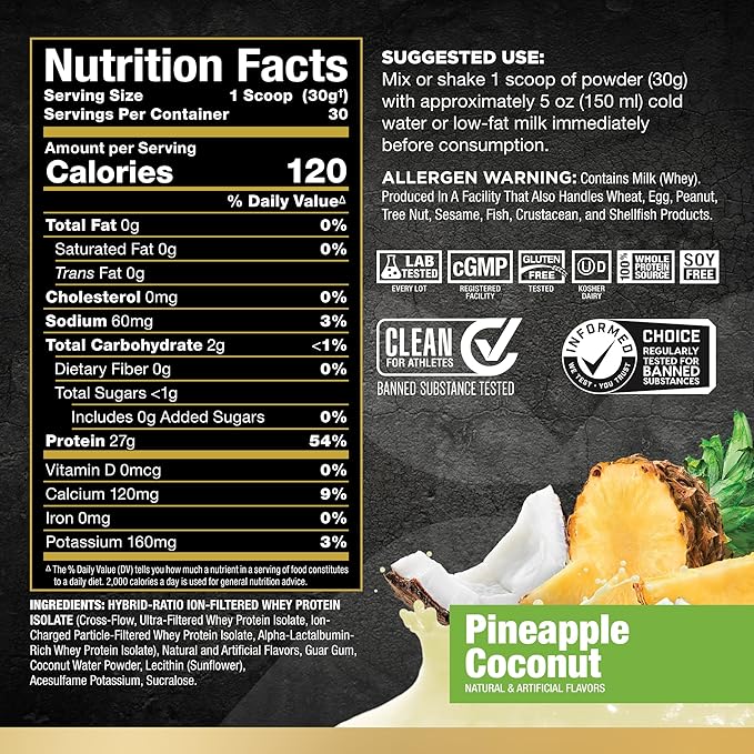 ALLMAX Nutrition ISOFLEX Whey Protein Isolate, Pineapple Coconut - 2 lb - 27 Grams of Protein Per Scoop - Zero Fat & Sugar - 99% Lactose Free - Gluten Free & Soy Free - Approximate 30 Servings