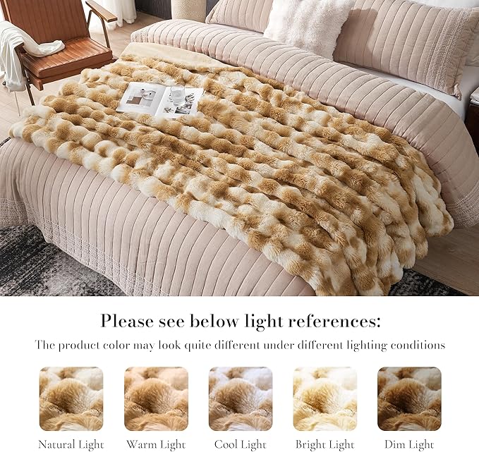 Amélie Home Faux Fur Throw Blanket for Couch, Fuzzy Soft Plush Thick Bubble Blanket for Sofa Bedroom Living Room, 50"x60" Inches, Tie-dye Kahki