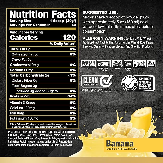 ALLMAX Nutrition ISOFLEX Whey Protein Isolate, Banana - 2 lb - 27 Grams of Protein Per Scoop - Zero Fat & Sugar - 99% Lactose Free - Gluten Free & Soy Free - Approximate 30 Servings