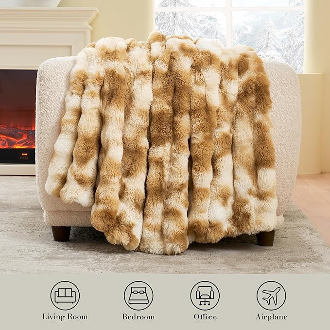 Amélie Home Faux Fur Throw Blanket for Couch, Fuzzy Soft Plush Thick Bubble Blanket for Sofa Bedroom Living Room, 50"x60" Inches, Tie-dye Kahki
