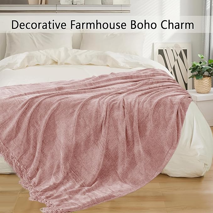 Chenille Throw Blanket for Couch 50"X 60", Soft Cozy Throws with Fringe Tassel for Bed Sofa Chair Cover, Lightweight Knitted Decorative Boho Blankets for Living Room, Dusty Pink