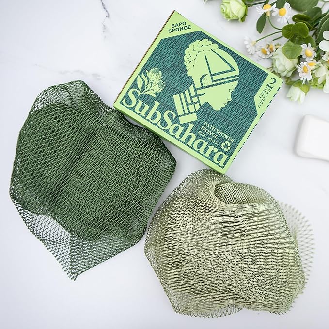 SubSahara Authentic African Net Sponge - 2 Pieces Exfoliating Scrubber for All Skin Types, Bath Sponge for Face & Body, Travel Portable, Durable, Gentle Exfoliation (Olive Green & Light Green)