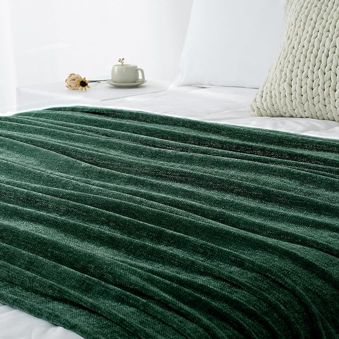 Chenille Throw Blanket for Couch 50"X 60", Soft Cozy Throws with Fringe Tassel for Bed Sofa Chair Cover, Lightweight Knitted Decorative Boho Blankets for Living Room, Dark Green