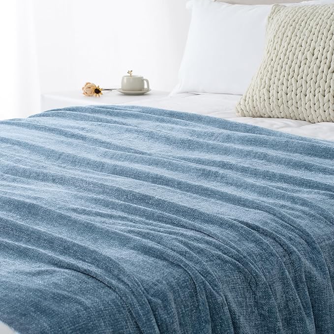 Chenille Throw Blanket for Couch 50"X 60", Soft Cozy Throws with Fringe Tassel for Bed Sofa Chair Cover, Lightweight Knitted Decorative Boho Blankets for Living Room, Dusty Blue