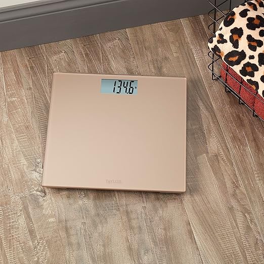 Taylor Digital Scales for Body Weight, Highly Accurate 400 LB Capacity, Durable Glass Platform 11.8 x 11.8 Inches, Easy to Read 3.2 Inches x 1.5 Inches Display, Champagne