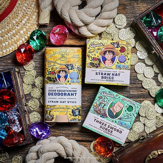 Dr. Squatch One Piece Collection - Natural 2 Soap, 1 Deodorant Gift Set - Cold Process Soap with No Harsh Chemicals - Straw Hat Bricc, Three Sword Surge, Straw Hat Sticc (3 Pack)
