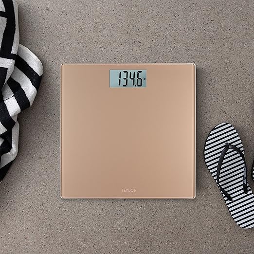 Taylor Digital Scales for Body Weight, Highly Accurate 400 LB Capacity, Durable Glass Platform 11.8 x 11.8 Inches, Easy to Read 3.2 Inches x 1.5 Inches Display, Champagne